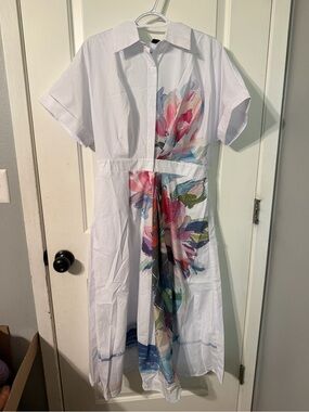 STYLEWE White Button-Front Dress with Multicolor Floral Brushstrokes